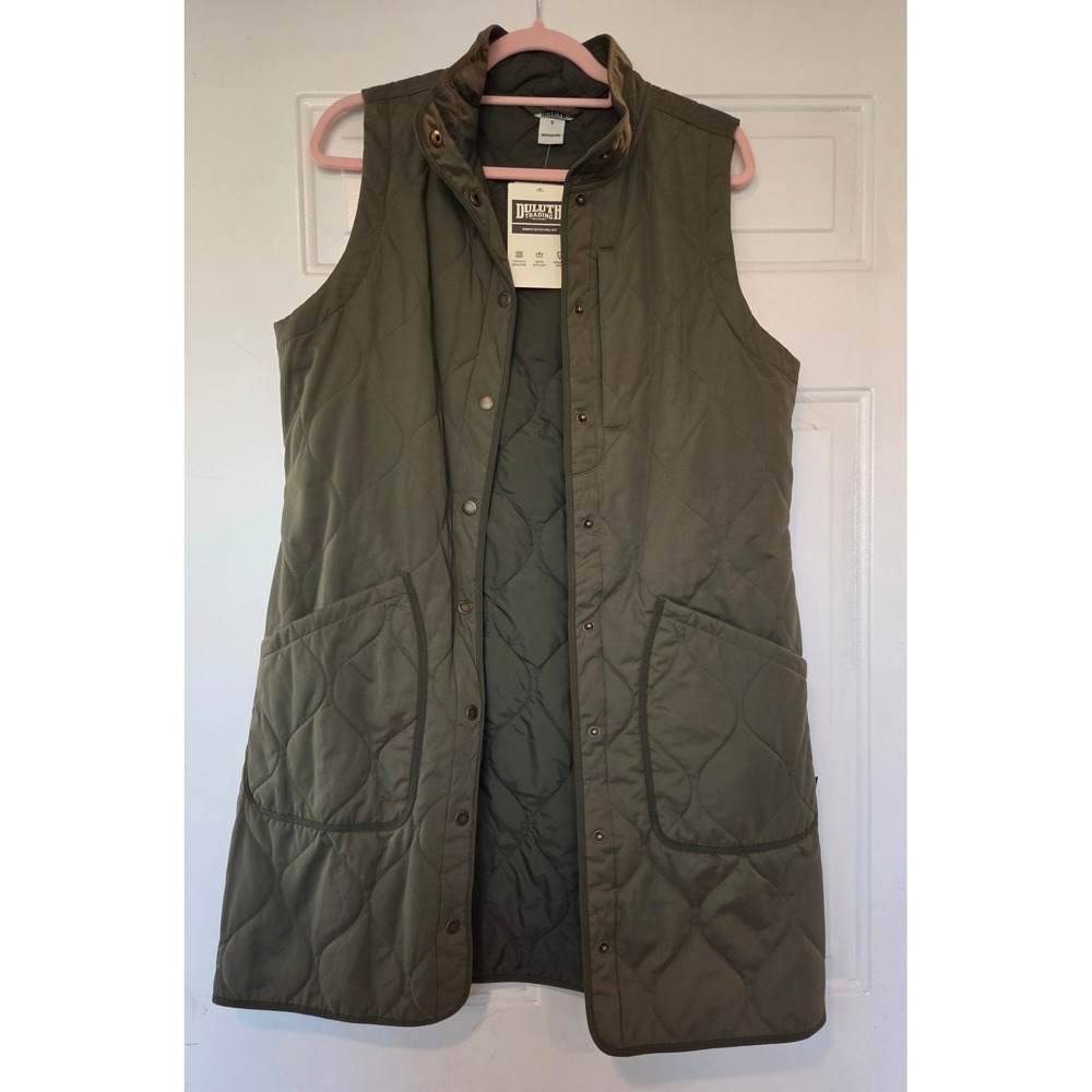 Duluth Trading Co Women Sutter's Mill Vest Olive Green Quilted Longline S NWT